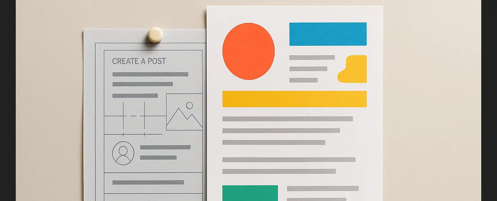 Gelaagde campagneopbouw met een technische blueprint onder een kleurrijk marketingontwerp