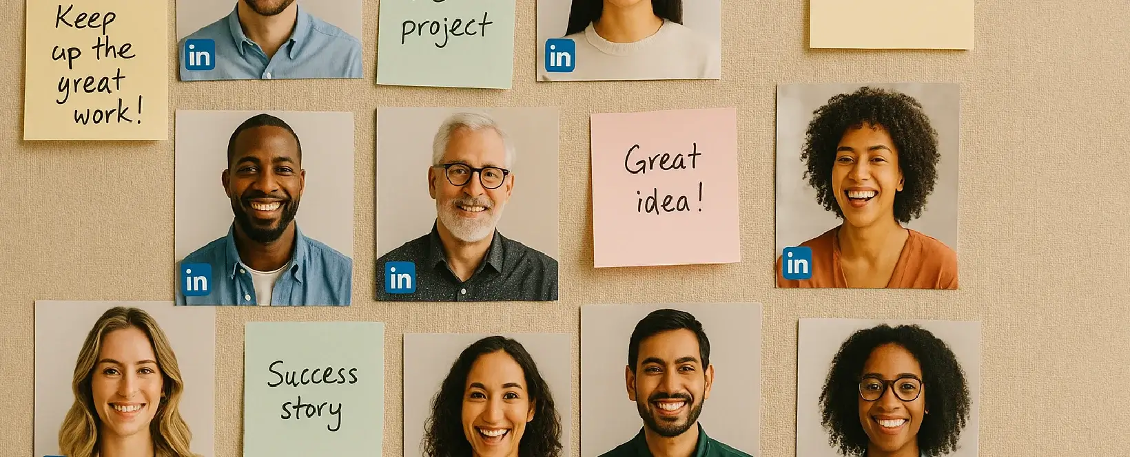 Prikbord met profielfoto’s en handgeschreven notities die persoonlijke verhalen en interactie uitbeelden